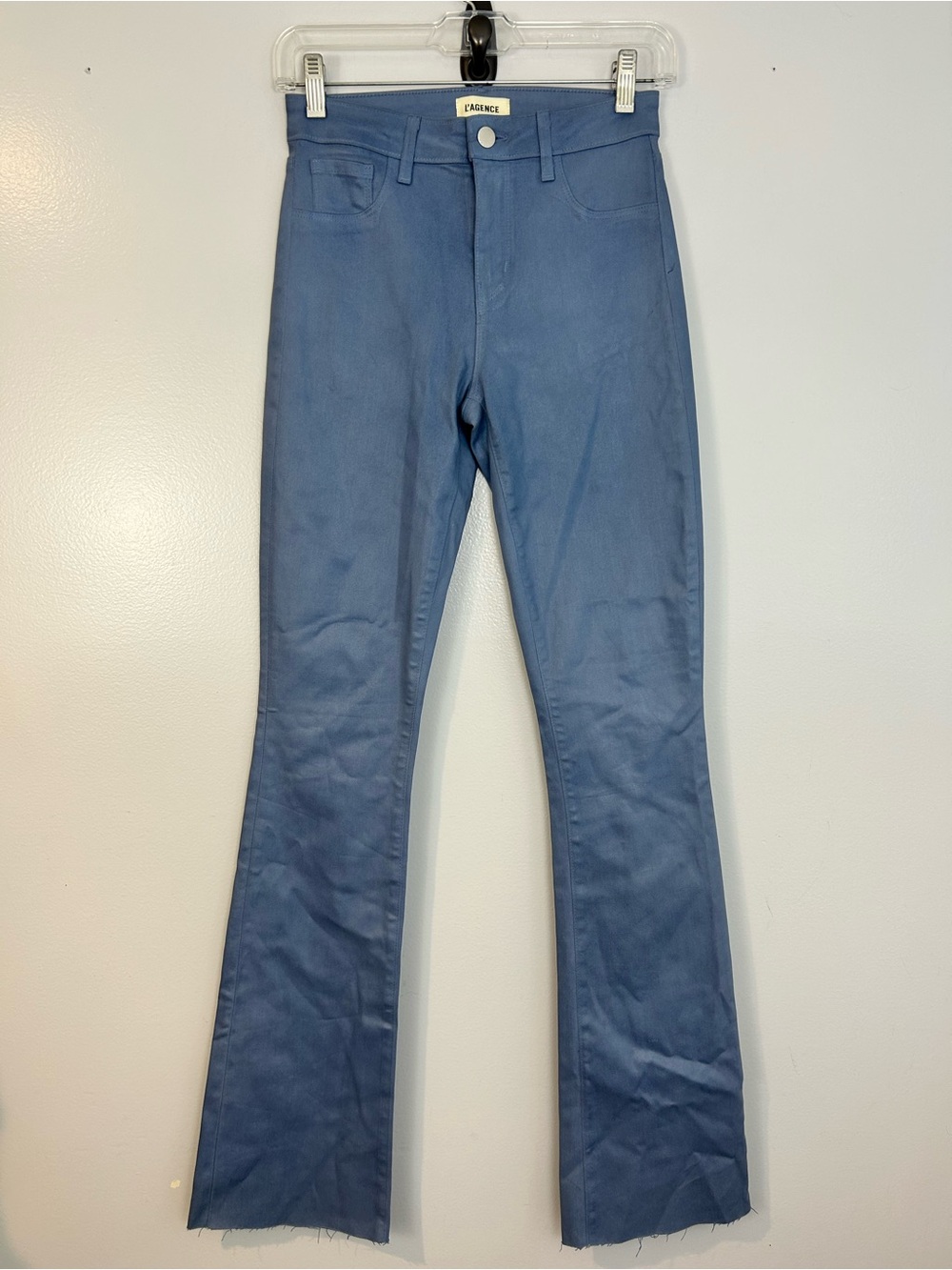 L'agence Ruth Coated Blue Mist Wax Straight Leg Flare Ankle High Rise Jeans 25 - Picture 2 of 11